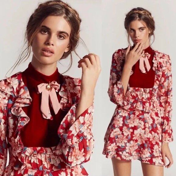 For Love & Lemons Blossom Chiffon Velvet Rose Floral Print Mini Dress NEW Large - Picture 1 of 10